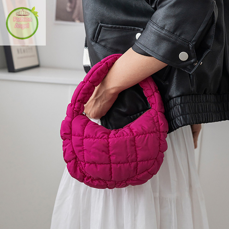Fashionangel แฟชั่น Mini Puffer Tote กระเป๋า Quilted วงกลมกระเป๋าโทรศัพท์ Elegant สีม่วงไนลอนนุ่มเบาะกระเป๋าแนวโน้มกระเป๋าถือ VN