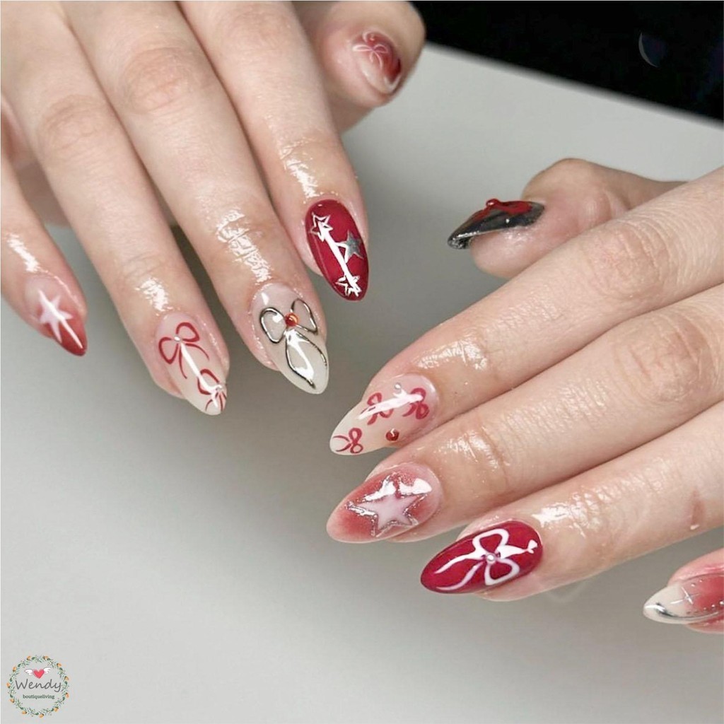 BLNAIL ล็บปลอม สีแดงเงินกดบนเล็บด้วยไข่มุกยาวนานปลอดภัยวัสดุเล็บปลอมกันน้ำ