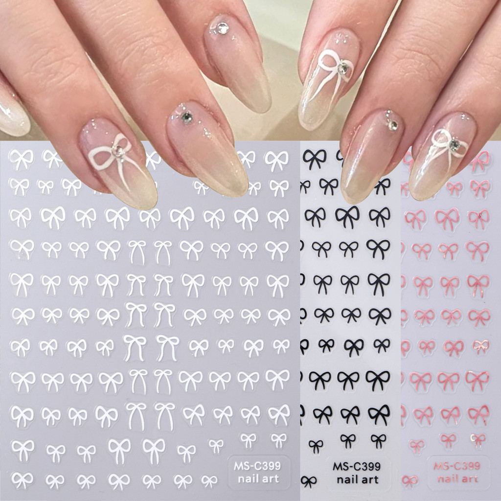 Bow Nail Decals ริบบิ้นผีเสื้อ Influencer ญี่ปุ่น Simple กาวสติ๊กเกอร์ติดเล็บ
