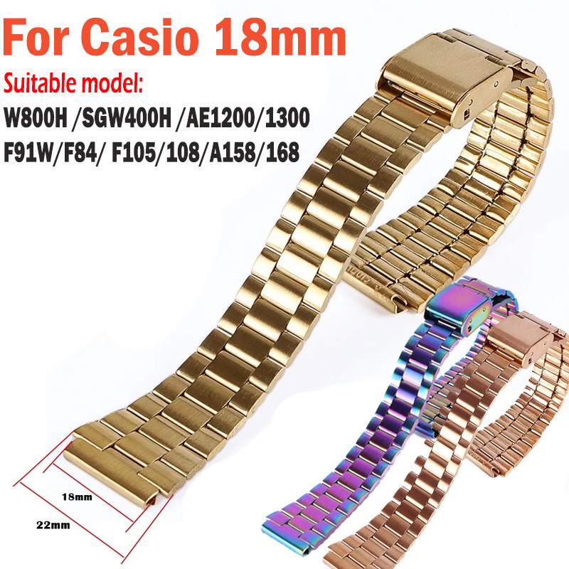 โลหะนาฬิกาสําหรับ Casio SGW400 F91W F84 F105 F108 A158 A168 AE1200 AE1300 Silver Block Gold สร ้ อยข