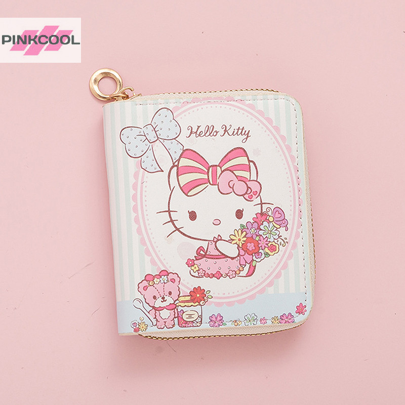Pinkcool Hello Kitty กระเป๋าสตางค์ขนาดเล็กขนาดเล็กสําหรับสาวกระเป๋าสตางค์สั้นผู้หญิง Kawaii น่ารักกระเป๋าถือกระเป๋า HOT