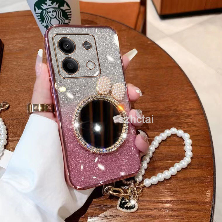 เคสโทรศัพท์ Redmi Note 13 Pro Plus 5G Note13 Pro 5G Note12 5G Note 13 หรูหราแวววาวชุบโทรศัพท์กรณี กรณีโทรศัพท์ใสเปลือกหอยมุกโบว์กระจกแต่งหน้าพร้อมสร้อยข้อมือ เคส Redmi Note 13 Pro Plus 5G Note13 Pro 5G Note12 5G Note 13
