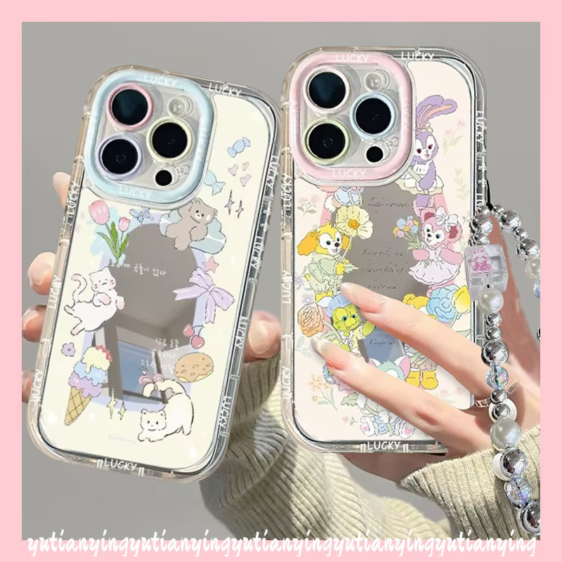แบรนด์อินเทรนด์ Ceartive น่ารัก StellaLou การ์ตูนแมวโบว์หมีสําหรับ IPhone 11 15 14 13 12 Pro Max 7Plus 15 7 8 Plus X XR XS Max สร้อยข้อมือหรูหรา Make Up Mirror Soft Case