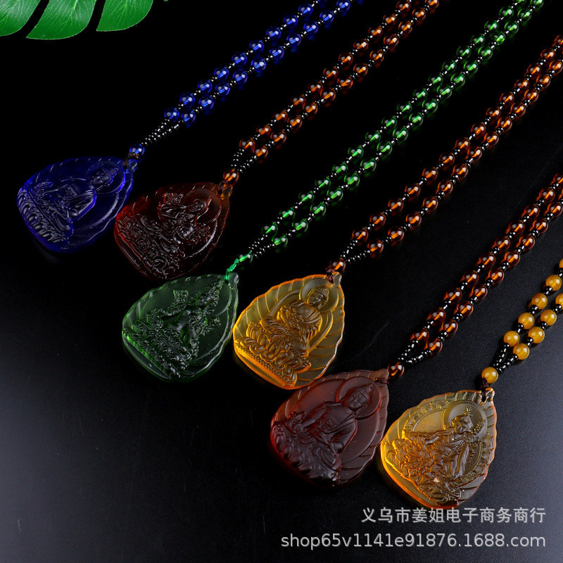 ใหม่ย้อนยุคกระจกสีเจ้าแม่กวนอิมพระโพธิสัตว์สีเขียวธาราสร้อยคอชายและหญิงจี้พระพุทธรูปวัดโซ่เสื้อกันหนาวขายส่ง