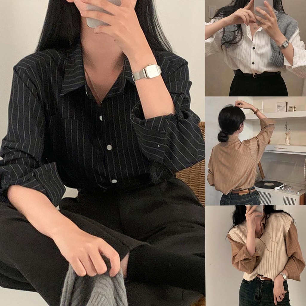 KOKO ❤️เสื้อเชิ้ตแขนยาวลายทางตรง คอปก เสื้อแฟชั่นผู้หญิง สไตล์เกาหลี สุดชิค ใส่ทำงาน ทุกกาลเทศะ เก๋ๆ W421