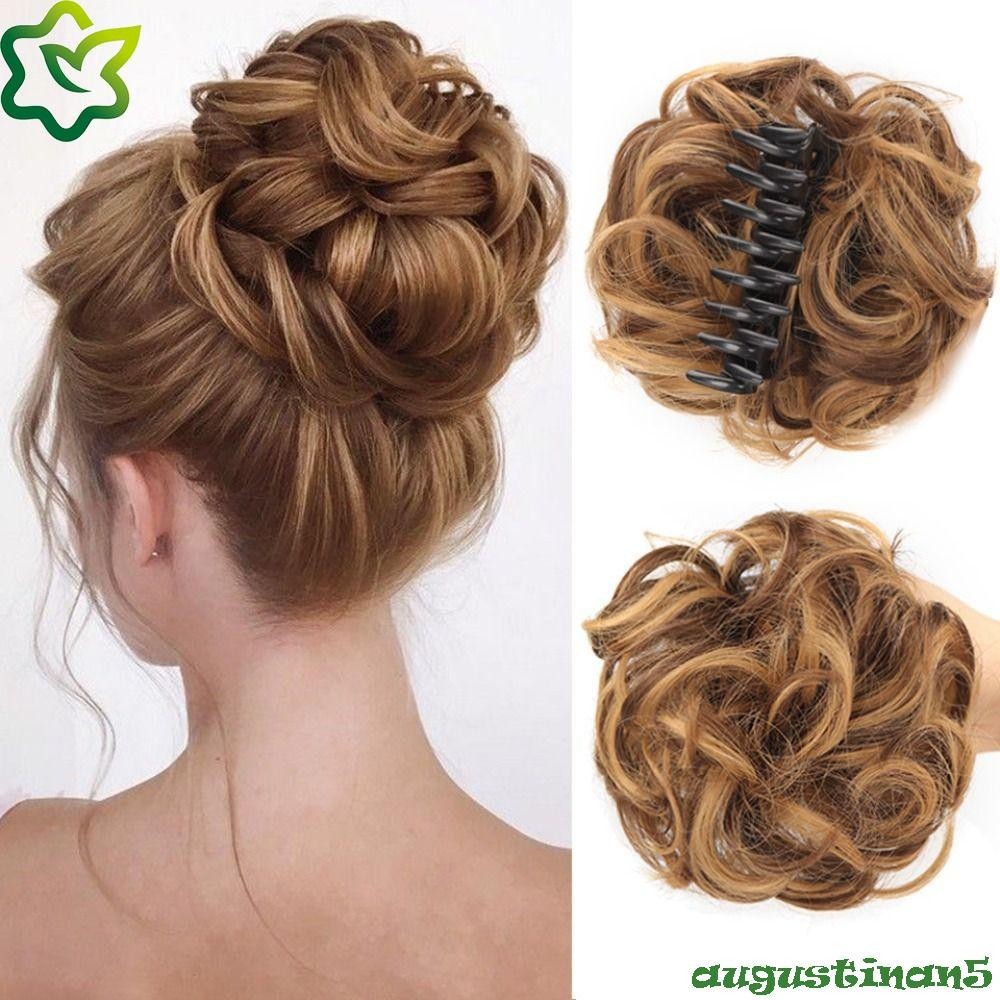 Augustinan Messy Curly Hair Bun, ปลอมผมหยักชิ้นสังเคราะห์ Chignon, Fluffy Updo Brown Natural Claw คลิป Bun ผู้หญิง