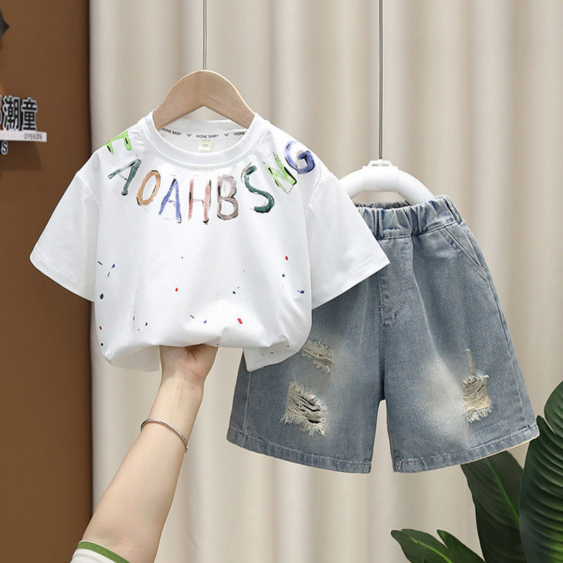 （2-13 Y ）ชุดสูทเด็กชายฤดูร้อนเสื้อผ้าเด็กแขนสั้น 2024 เด็กสไตล์ใหม่ลําลองเสื้อยืดบางชุดสองชิ้น