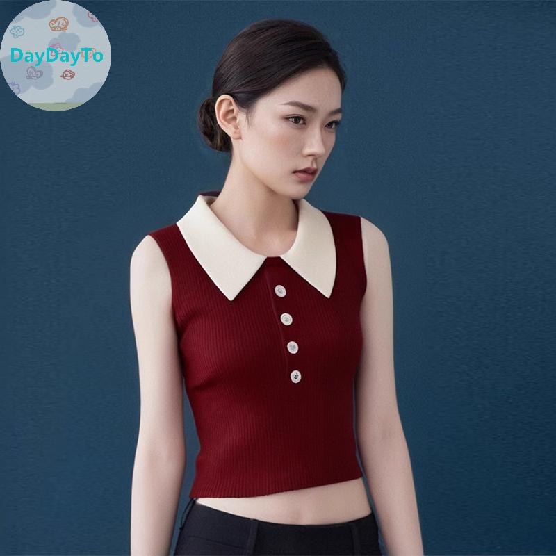 Daydayto ผู้หญิงเกาหลีอารมณ์คมชัดสีปกปุ่มแขนกุดเสื้อกั๊กถักบาง TH