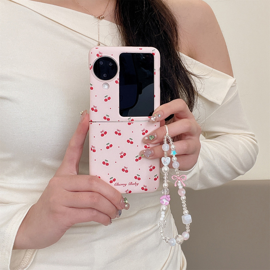 น่ารักเต็มหน้าจอเชอร์รี่สีชมพูเคสโทรศัพท์พร้อมสร้อยข้อมือโบว์สําหรับ OPPO ค้นหา N3 Flip N3Flip Findn3Flip กันกระแทกปกหลัง