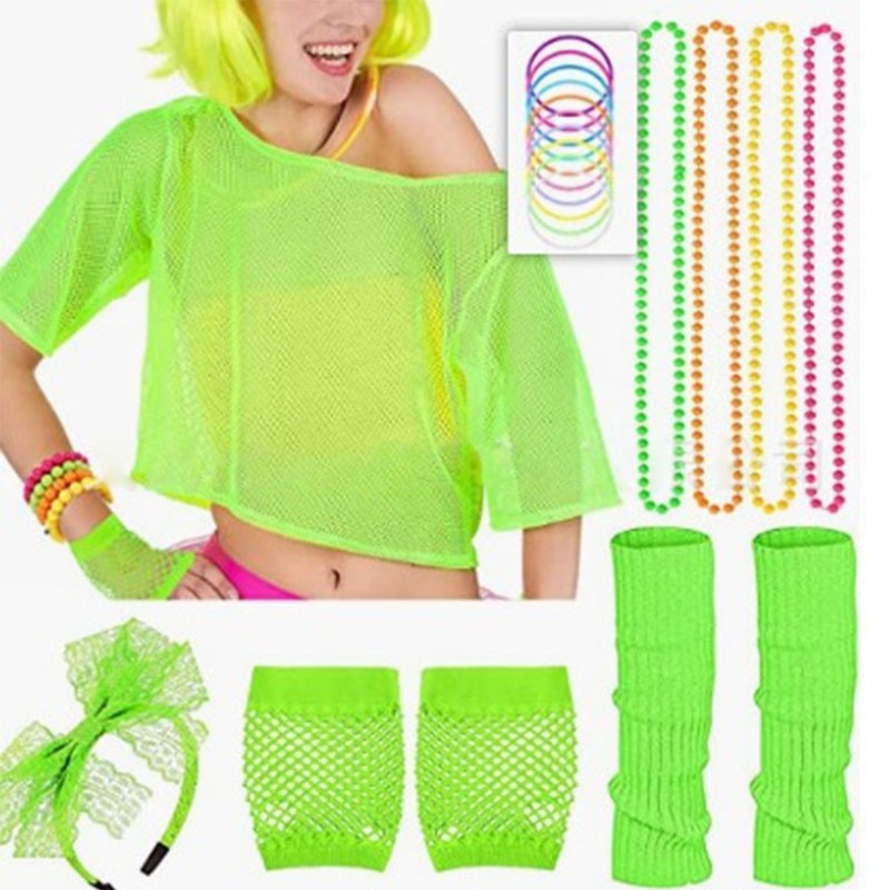 Alia 80s เครื่องแต่งกายอุปกรณ์เสริมสําหรับผู้หญิงชุดแฟนซีที่คาดผมต่างหู Fishnet ถุงมือสร้อยคอสําหรับ