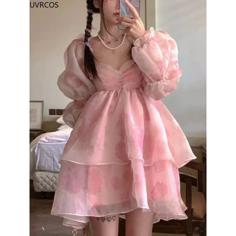 Mn Summer Pink Print Sweet Lolita Dress Women France Bubble Sleeve Kawaii Fairy Dress Backless Princ