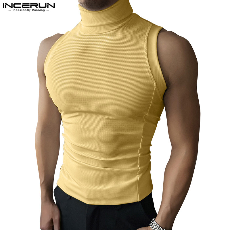 Incerun ผู้ชายเกาหลี Casual Cozyfit เสื้อกล้ามสีทึบแขนกุดคอสูง