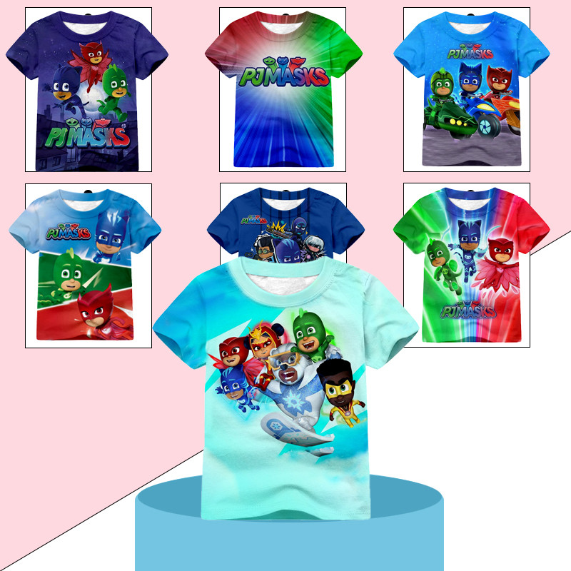 Pj Mask Boy เสื้อยืดแขนสั้น-การ์ตูน Superhero รูปแบบเสื้อยืดน่ารักพิมพ์ Boy เสื้อยืดแขนสั้นฤดูร้อนทุ