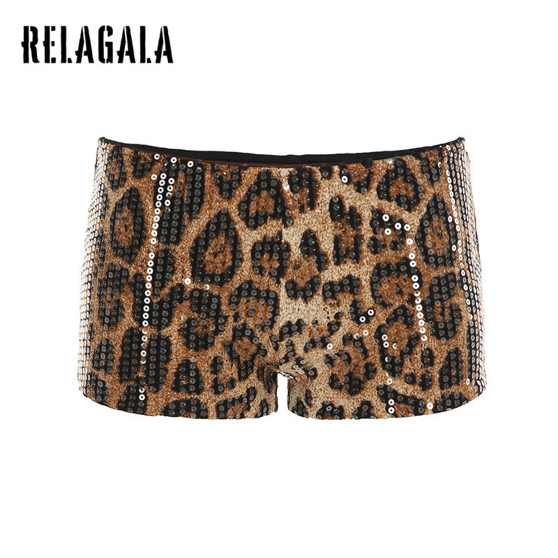 RELAGALA Womens 2025 ใหม่ Glitter เซ็กซี่เสือดาวแฟชั่นกางเกงขาสั้นเอวต่ํา