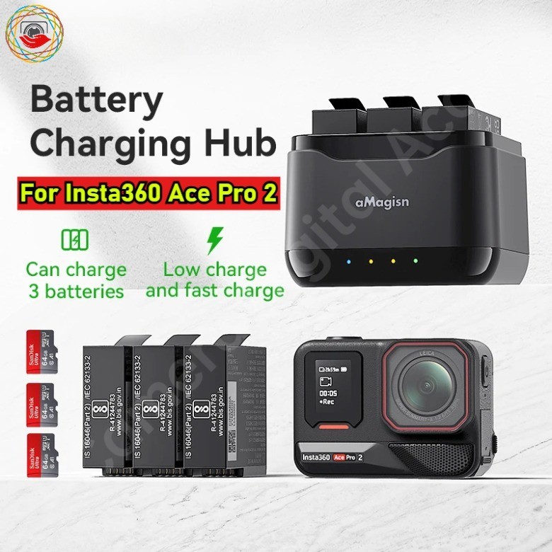 สําหรับ Insta360 Ace Pro 2 แบตเตอรี่กล้องชาร์จฐานฮับ 3 ช่องพร้อมช่องเสียบการ์ด SD Ace Pro2 Acc