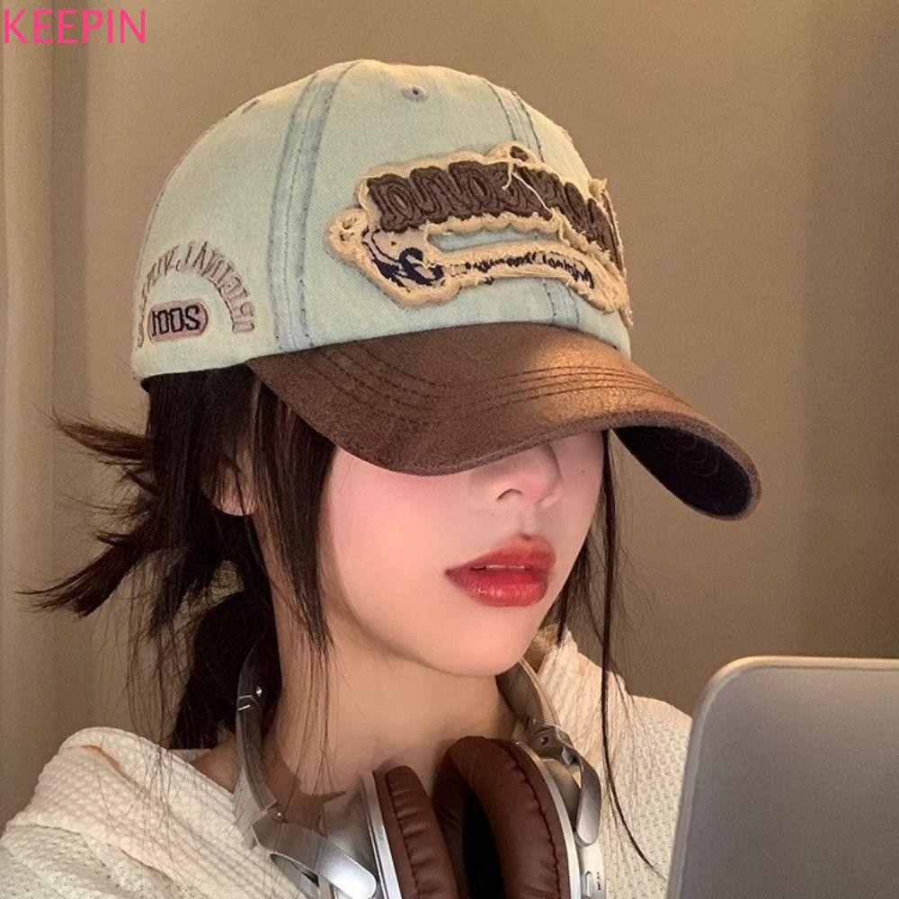 Keepin หมวกเบสบอลย้อนยุคอเมริกัน, Splicing Denim Tatered Jeans Sun Hat, เครื่องแต่งกายอุปกรณ์เสริมผ้าฝ้ายเบสบอลหมวก Sun Cap Peaked หมวกกลางแจ้ง