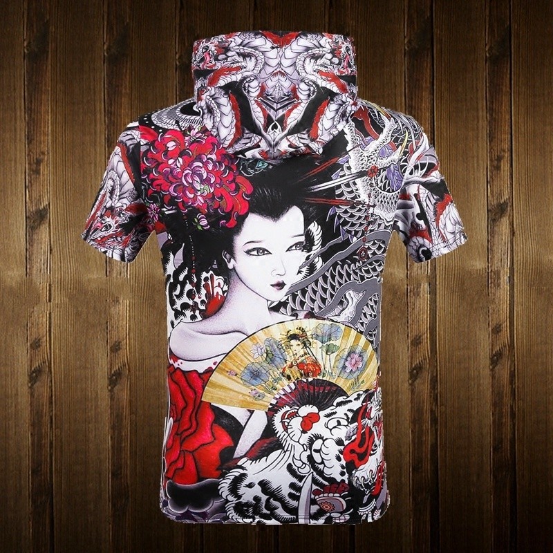 ลายสักผู้หญิงสวยสไตล์ญี่ปุ่น เสื้อยืดแขนสั้นลายดอกไม้พิมพ์ลายสำหรับผู้ชาย ฤดูร้อน บุคลิกภาพ สังคม เย