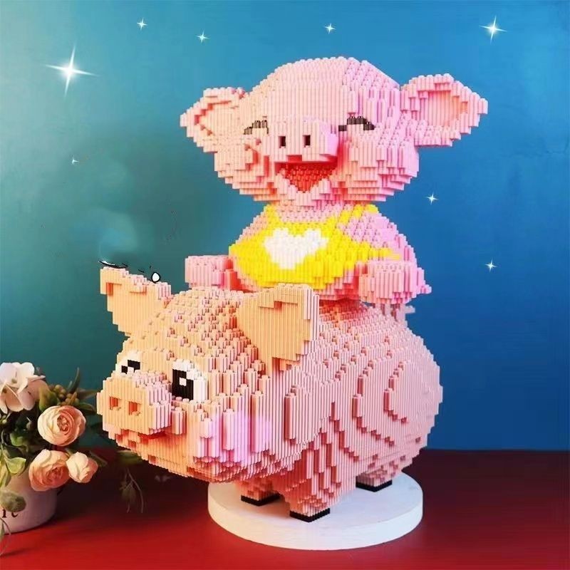 เข้ากันได้กับหมูสีชมพูน่ารักโชคลาภหมูอาคาร blo容可爱粉红进口发财玩玩具粒家庭桌面件礼物02.26