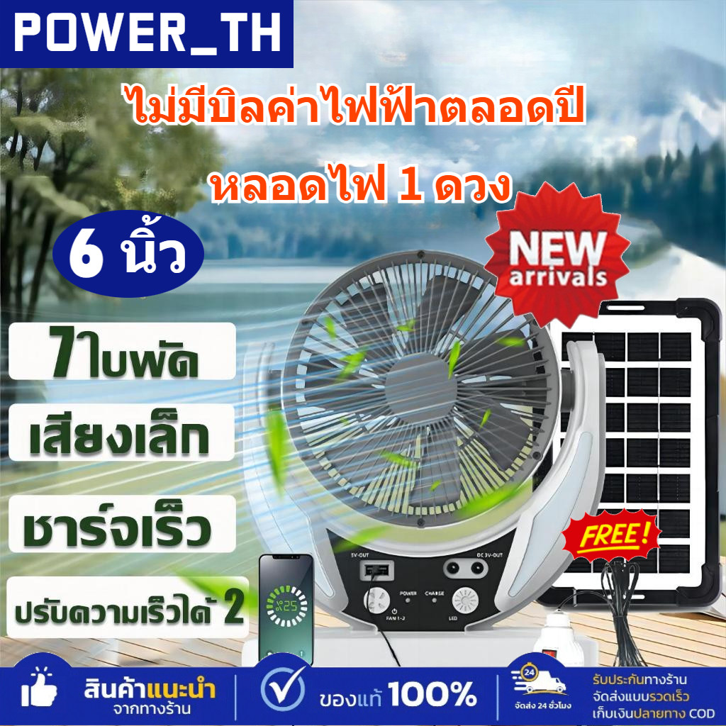 【ไม่มีบิลค่าไฟฟ้าตลอดปี】พัดลมโซล่าเซลล์ พัดลมแคมป์ปิ้ง แบตเตอรี่ในตัว พร้อมแผงโซล่าเซลส์ 7ใบพัด เสียงเล็ก ลมแรง Solarfan