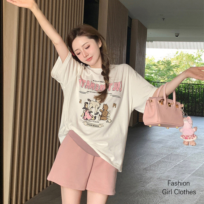 ฤดูร้อนคลอดบุตรชุดสองชิ้นคลอดบุตรด้านบน + กางเกงขาสั้นตั้งครรภ์ชุดขนาดเล็กหลวมบางแขนสั้นเสื้อคลอดบุตรผู้หญิง