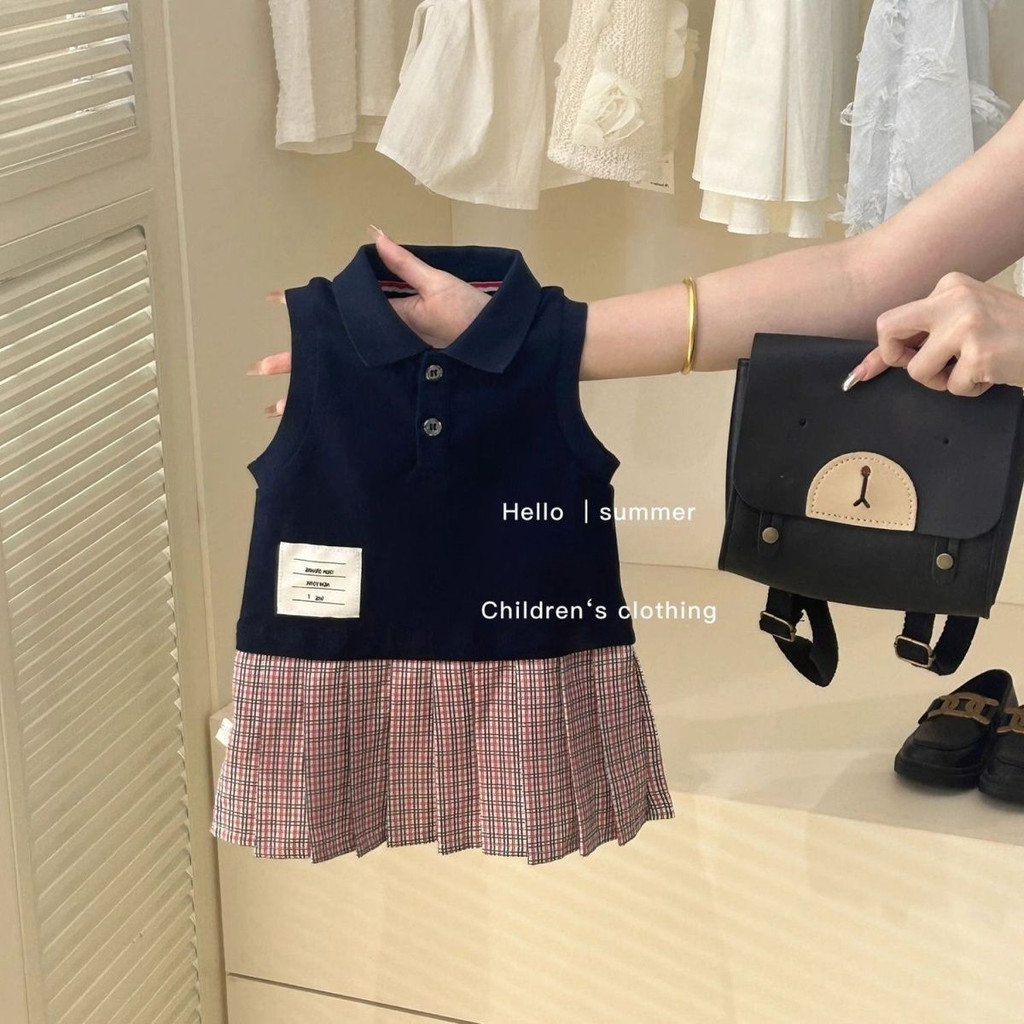สาวกระโหลกสไตล์ชุดฤดูร้อนเด็กโปโลปกเสื้อกั๊กชุดเด็กเย็บลายสก๊อตชุดเจ้าหญิง