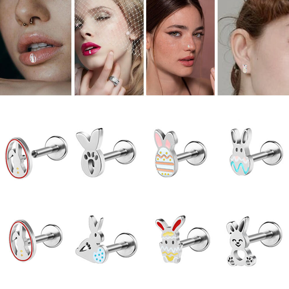 1 PC สแตนเลสสตีลต่างหูเจาะ 16G Labret Lip Stud เจาะอีสเตอร์กระต่ายไข่จมูก Stud 6/8 มม.ด้ายภายใน Lip Stud Helix Conch กระดูกอ่อนเจาะเงิน Multicolor