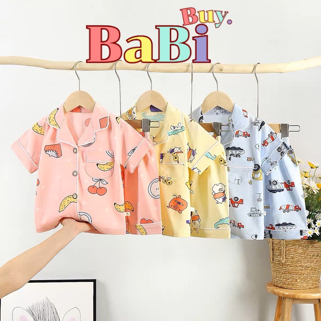 Babi Buy ชุดนอนเด็กหญิง-ชาย คอปก กระดุมหน้า แขนสั้นขาสั้น ผ้าคอตตอนสแปนเด็กซ์ เนื้อดี ทรงกว้างใส่สบาย สีสดใส ลายน่ารัก
