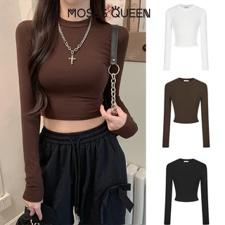 MOSESQUEEN เสื้อยืดสาวแขนยาวสั้น 2025 ฤดูร้อนผู้หญิงใหม่เปิดท้องเสื้อลําลองบริสุทธิ์#62241
