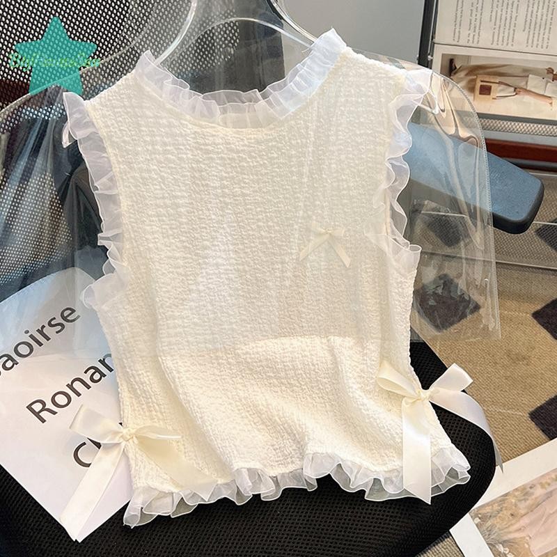 [BigHouseSea] 2025 ฤดูร้อนแขนกุดรอบคอลูกไม้ Bowknot Slim เสื้อกั๊กผู้หญิง All-match สีทึบ Tops ใหม่
