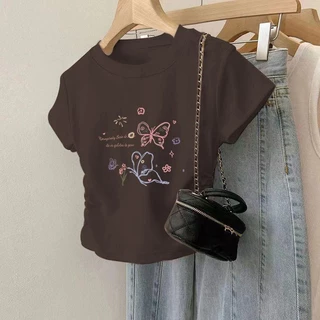 [พร้อมส่งจากกรุงเทพ] เสื้อยืดแขนสั้น เอวจั้ม เสื้อเอวจั้ม เสื้อยืดผู้หญิง ลายสกรีน เสื้อยืดได้เยอะมาก ผ้าไม่หนา ใส่สบาย