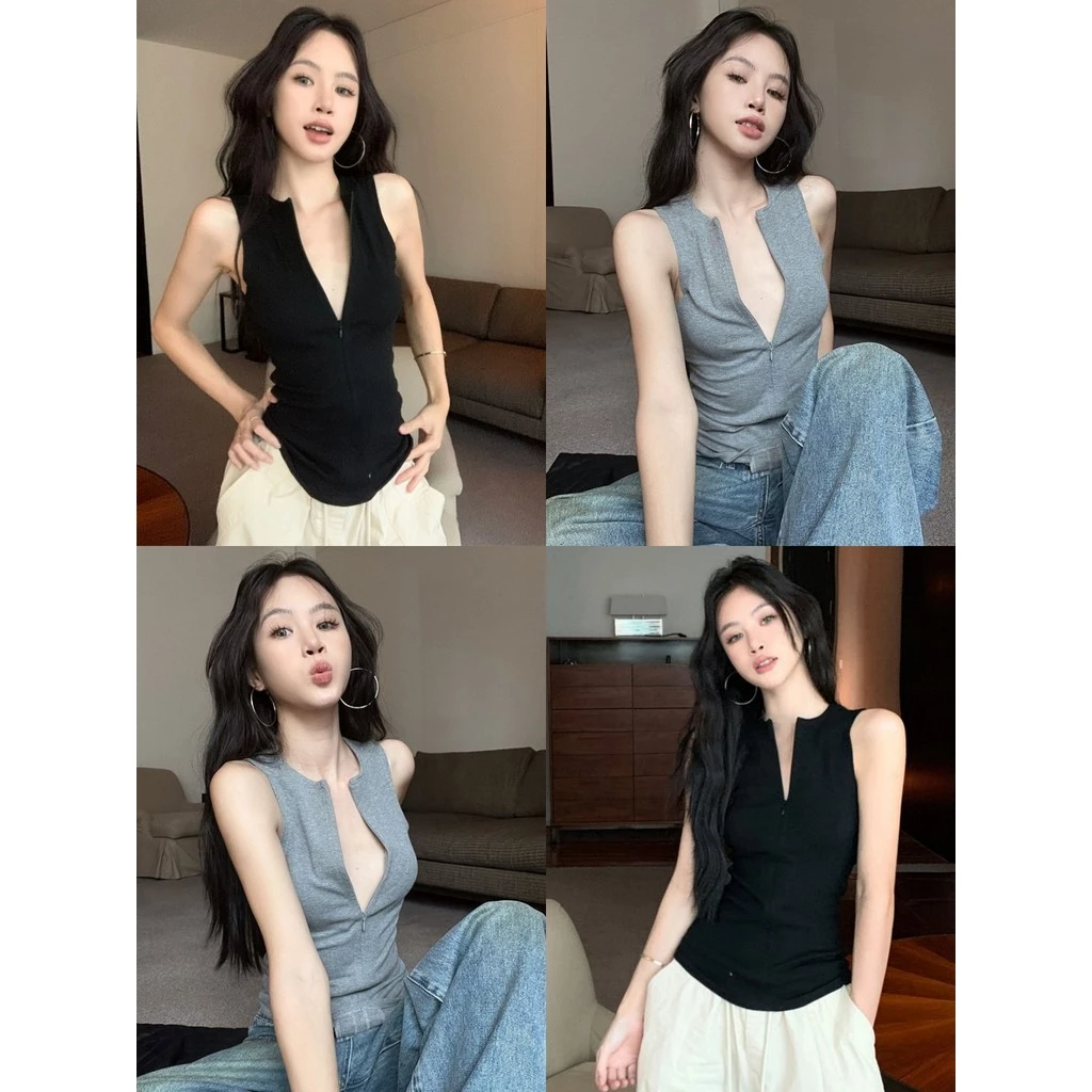 🌜Soroh🌛เสื้อกล้าม ซิปรูดด้ายหน้าสีพื้น ยืดพอดี รัดรูป⭐เสื้อแขนกุด สไตล์เกาหลี แฟชั่น มินิมอล🌟#FY2653