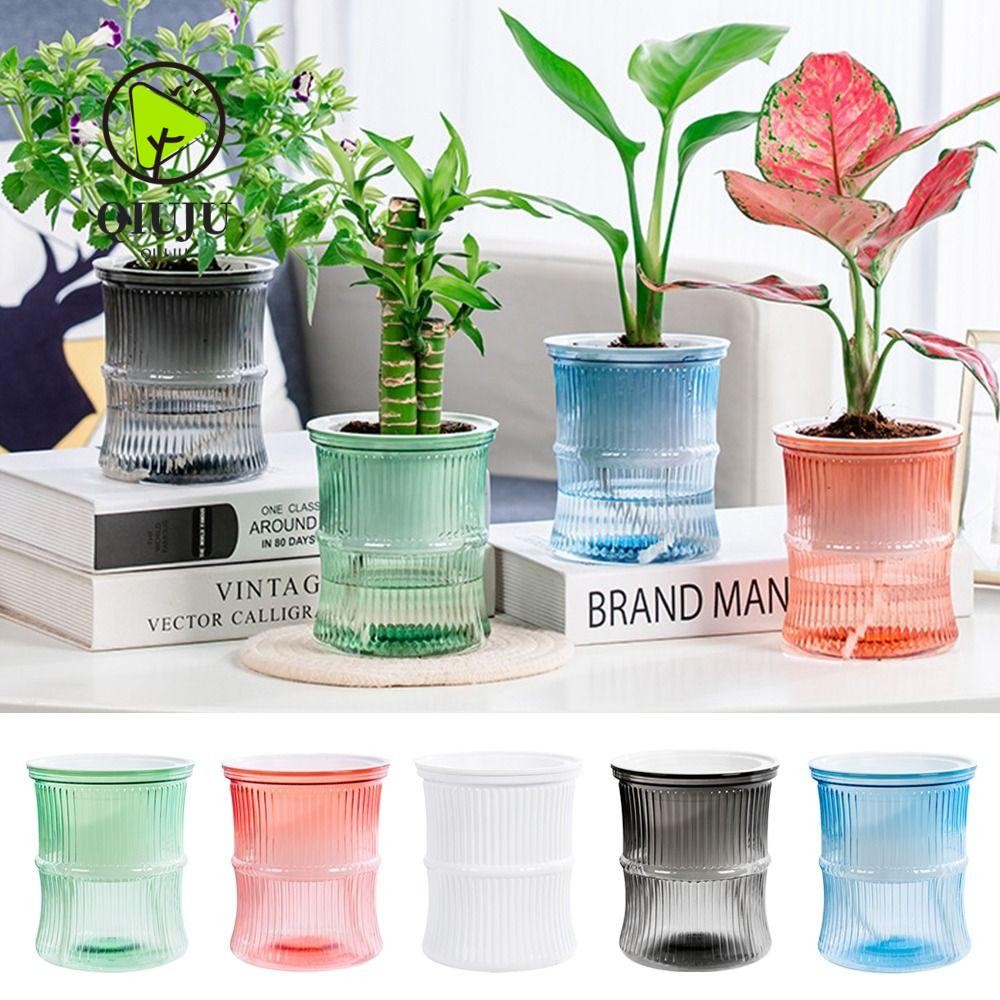 ชิวจู ไม้ไผ่ปลูกต้นไม้หม้อ,พลาสติกรดน้ําด้วยตนเองกระถางดอกไม้,อุปกรณ์สวนประดับห้องแจกันโปร่งใสที่เรียบง่ายดินการเพาะปลูกหม้อขนาดเล็กเดสก์