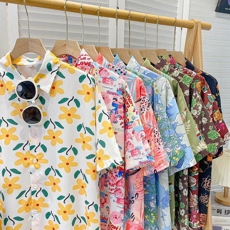 เสื้อฮาวายลายดอกไม้แขนสั้น ทรงหลวม สำหรับผู้หญิง