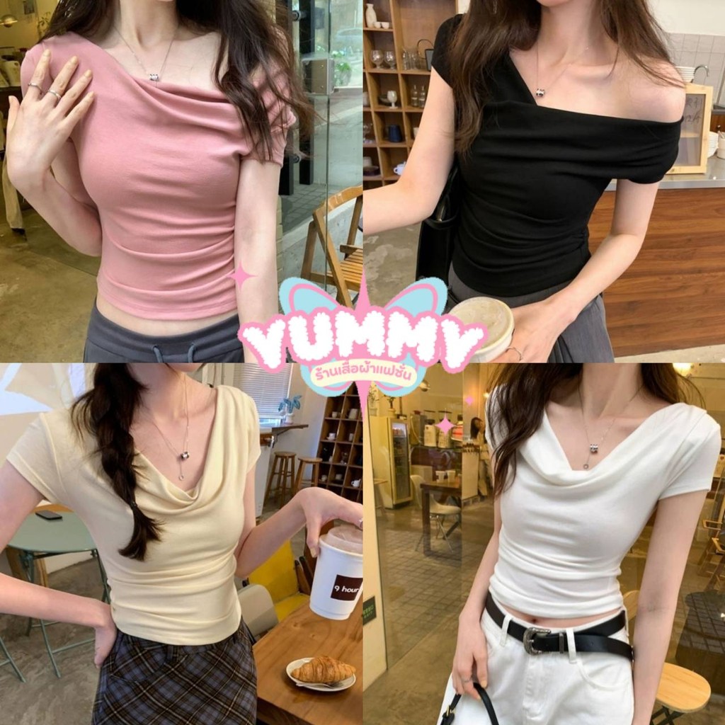 🎀Yummy Shop🎀พร้อมส่ง (X222) เสื้อเปิดไหล่ไหมพรม แขนสั้น สีพาสเทล