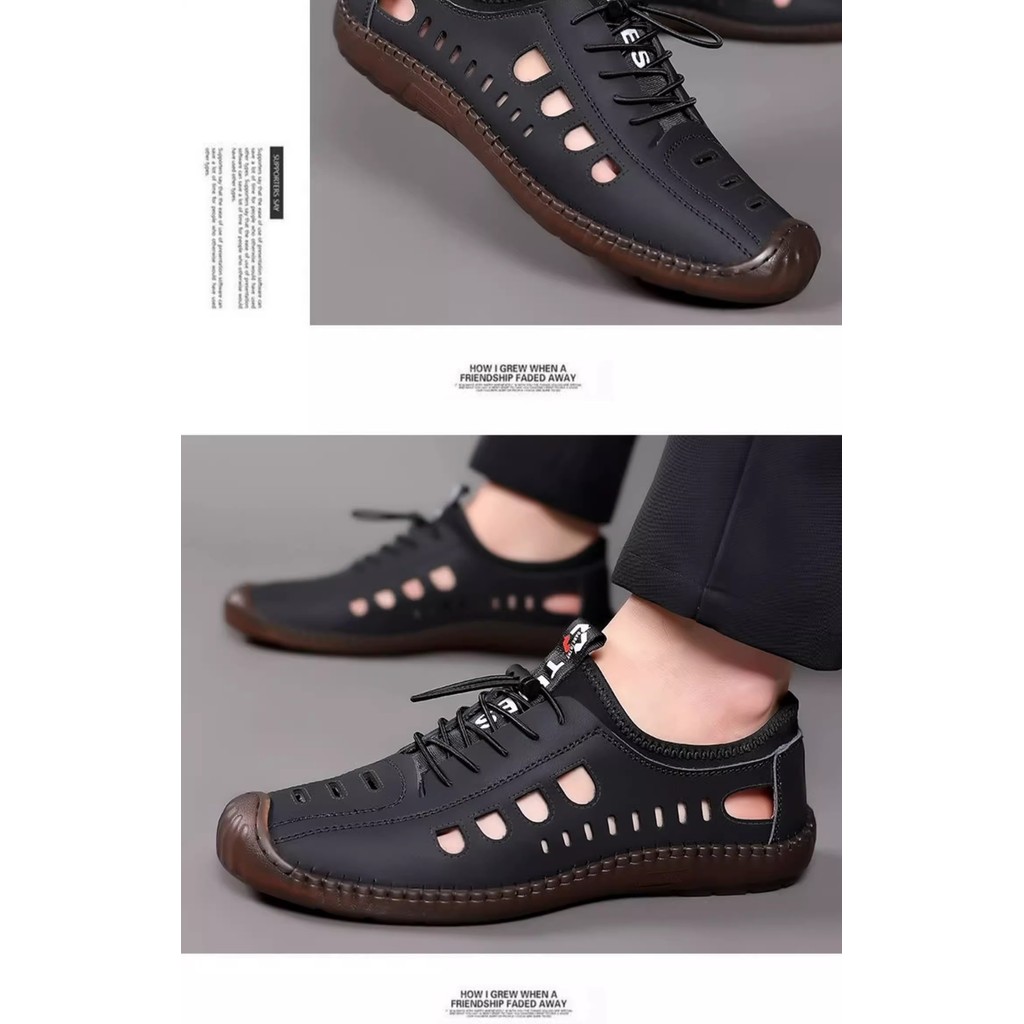 ผู้ชาย Hollow รองเท้าอินเทรนด์ Anti-Slip Hole รองเท้าสไตล์ใหม่ชายหาด Casual Breathable รองเท้าผู้ชาย Soft-Soled รองเท้าแตะรองเท้าหนังแท้