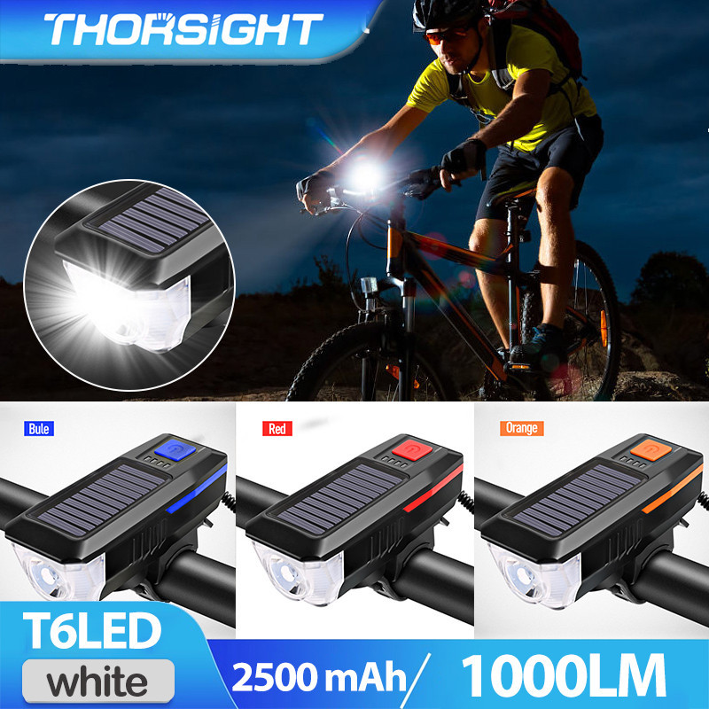 Thorsight จักรยานไฟหน้ากับฮอร์นพลังงานแสงอาทิตย์ USB ชาร์จ 3 โหมดไฟฉาย LED จักรยานอุปกรณ์เสริมคืนขี่ไฟหน้า