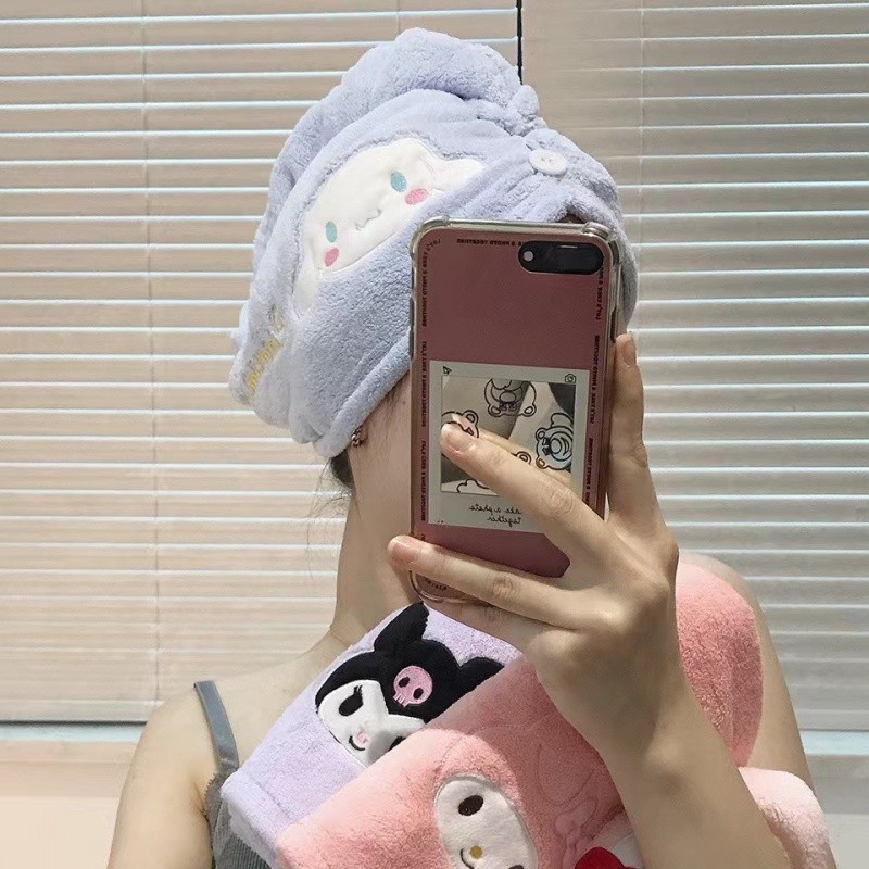 หมวกคลุมผมแห้ง Sanrio Hello Kitty My Melody Kuromi เย็บปักถักร้อย ดูดซับผมแห้ง หมวกสามเหลี่ยม สุภาพสตรี ผ้าขนหนูผมยาว หมวกอาบน้ํา