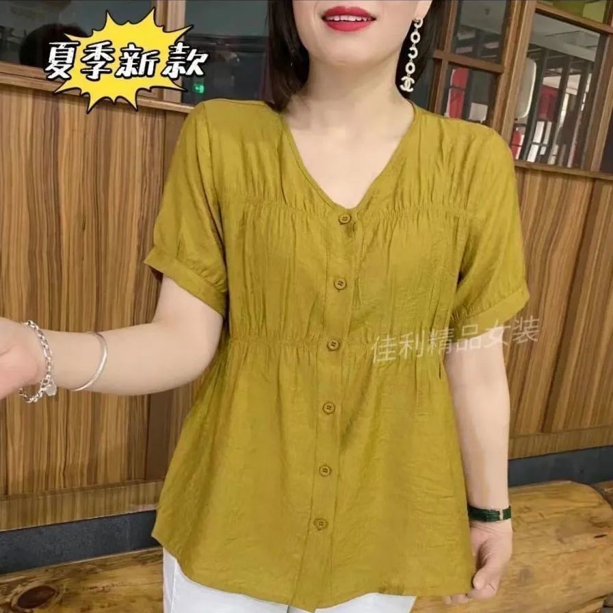 เวอร์ชั่นเกาหลีฤดูร้อนสไตล์ใหม่แม่ขนาดใหญ่สวมคอวีเสื้อชีฟองแขนสั้นแฟชั่นคลาสซี่เรียบง่ายหลวมสบายๆทุกการแข่งขัน