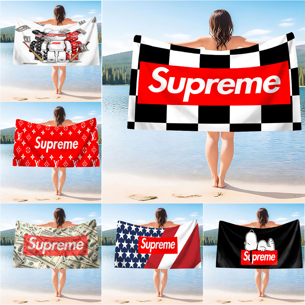 ผ้าขนหนูชายหาด แบบนิ่ม พิมพ์ลายโลโก้ Supreme ดูดซับน้ําได้ดี ของใช้ในบ้าน สําหรับห้องน้ํา