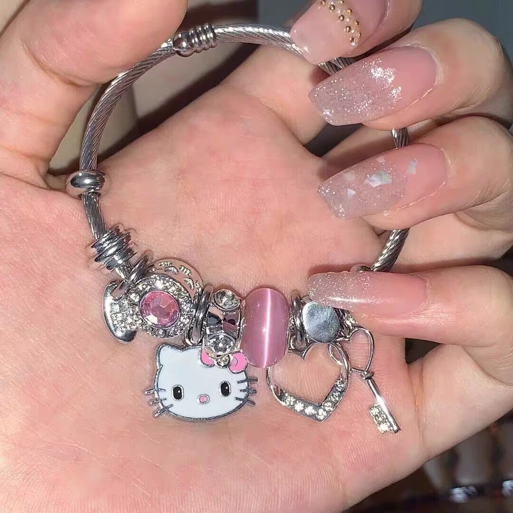 Sanrio สร้อยข้อมือ จี้รูปหัวใจ Hello Kitty ประดับเพชรเทียม Y2K แฟชั่นสําหรับผู้หญิง