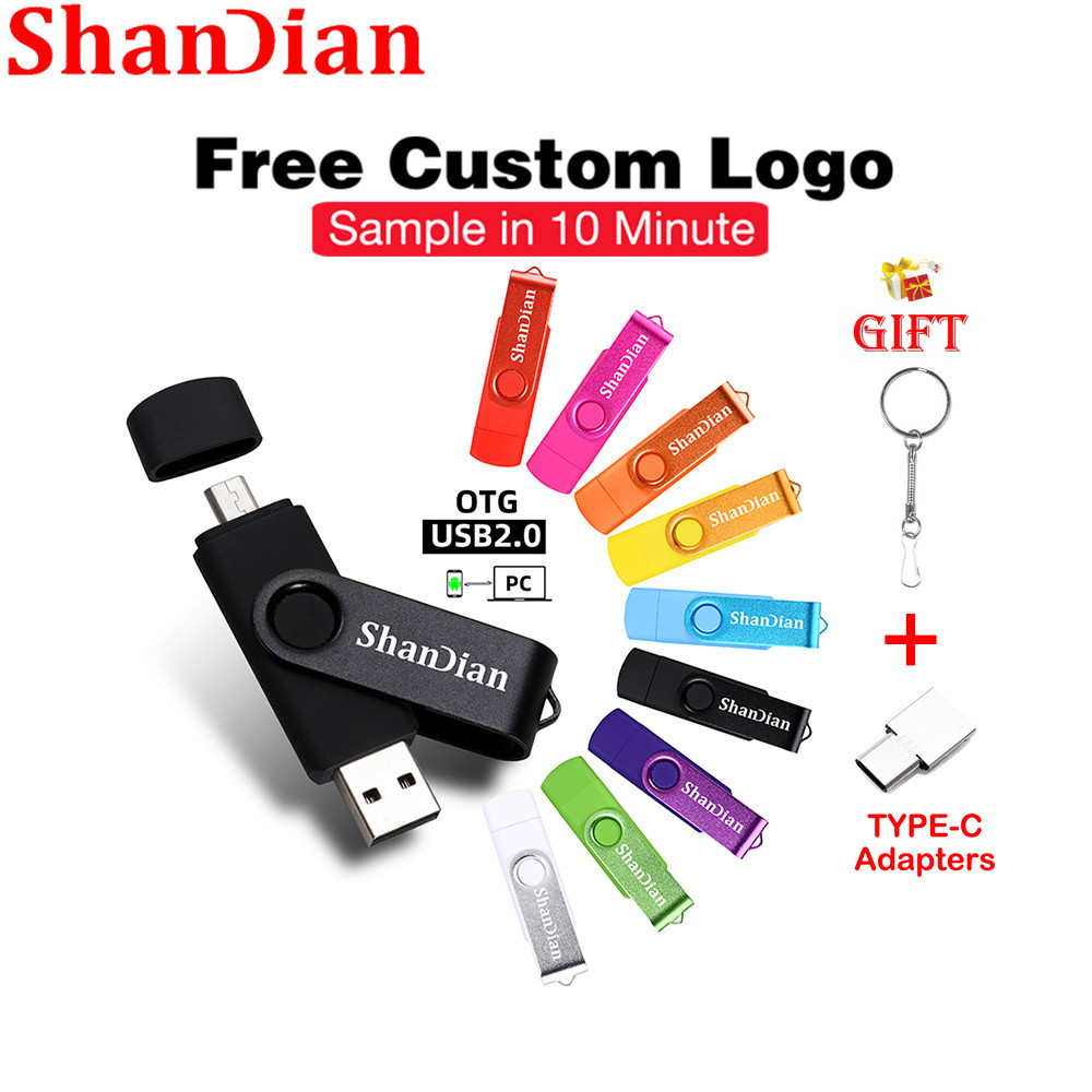 Shandian (1PCS ฟรีโลโก้) แฟลชไดรฟ์ USB 128GB 2IN1 OTG Pendrive 64GB ฟรี TYPE-C อะแดปเตอร์ไดรฟ์ปากกา 