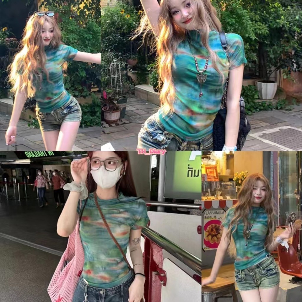 (จัดส่งจากกรุงเทพฯ) รูปแบบใหม่สำหรับฤดูร้อน สไตล์ตาข่าย พิมพ์มัดย้อม ผอมเพรียว เสื้อยืดสตรีตัวสั้น（Z238）