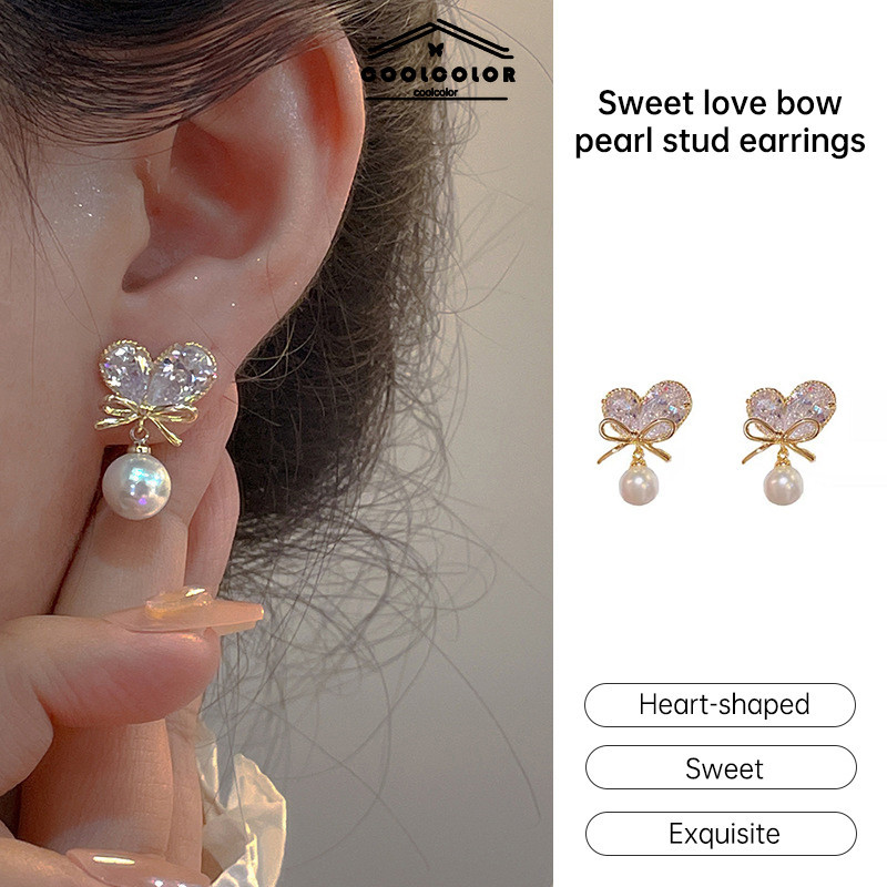 ในไทย ต่างหูมุก Sweet Bow Pearl สำหรับสุภาพสตรีบุคลิกภาพง่ายต่างหูแฟชั่นร้อยชุด