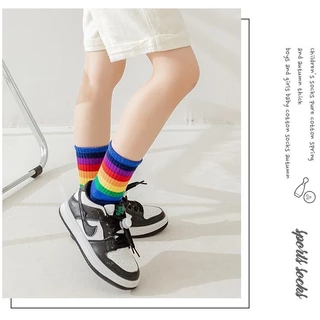 ถุงเท้าเด็ก แถบสีรุ้ง ข้อกลาง สำหรับอายุ 1-8ขวบ พร้อมส่งจากไทย