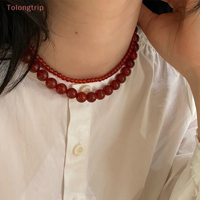 Tolongtrip> สร้อยคอลูกปัดหินอาเกตธรรมชาติ สีแดง เครื่องประดับแฟชั่น สําหรับผู้หญิง