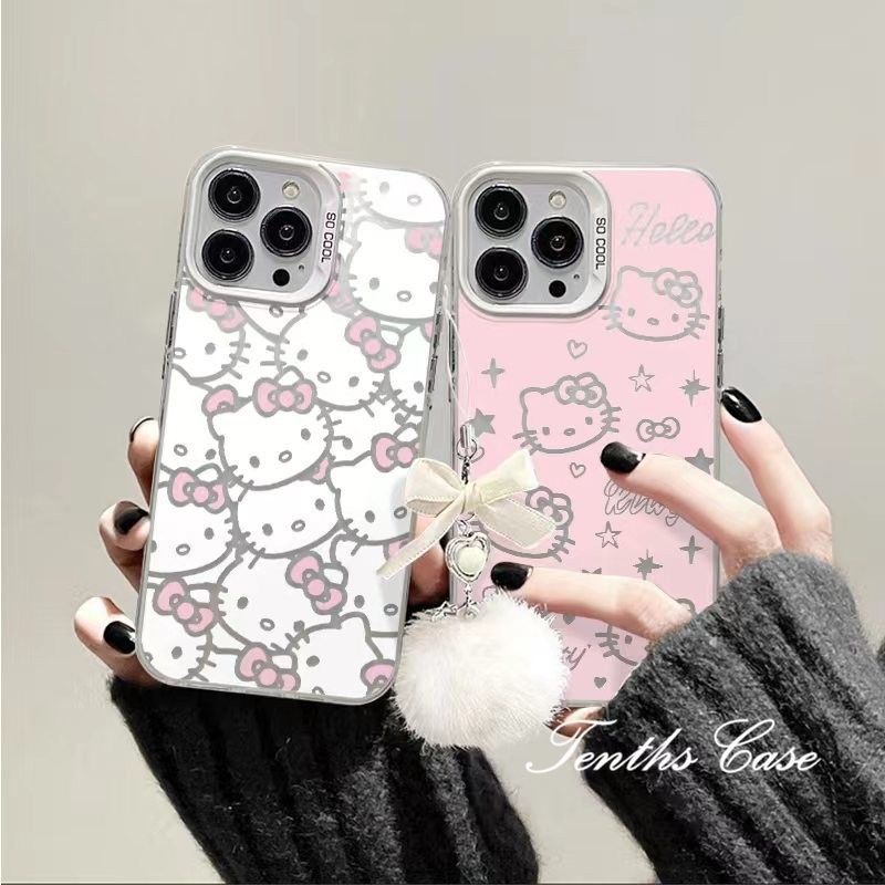 เคสโทรศัพท์มือถือ ผ้ากํามะหยี่ขนนิ่ม ลายการ์ตูนคิตตี้ สีเงิน พร้อมสายคล้อง สําหรับ iPhone 11 15 14 13 12 Pro Max X XR Xs Max 8 7 6 6s Plus SE 2020