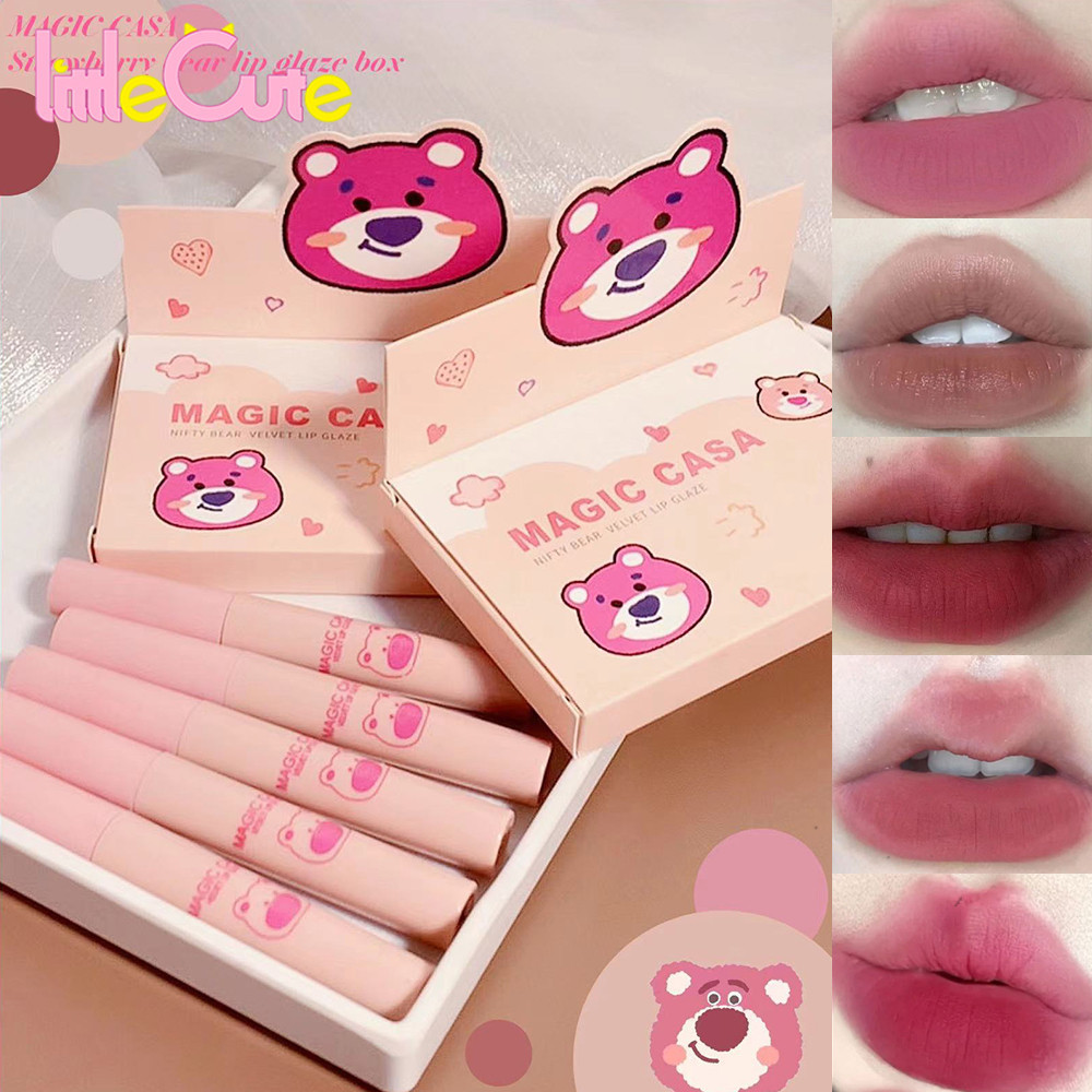 5 ชิ ้ น/Set Bear Matte Liquid Lipstick - กันน ้ ําติดทนนาน Non-stick Cup Lips Glaze - Velvet Nude Red Lip Mud - Cheek Rouge Tint - Women Lip Makeup Cosmetics
