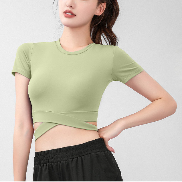 เสื้อยืดกีฬา Quick-Drying Round Neck Cross-Navel Cropped Yoga Short Sleeve [Fit Sports]