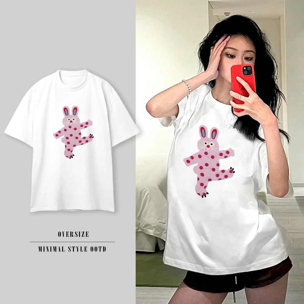Basi เสื้อยืดโอเวอร์ไซส์ ผู้ชายและผู้หญิง ลาย "RABBIT" เสื้อยืดผ้าคอตตอน ผ้าฝ้ายใส่สบาย สไตล์เกาหลี เสื้อยืด มินิมอล