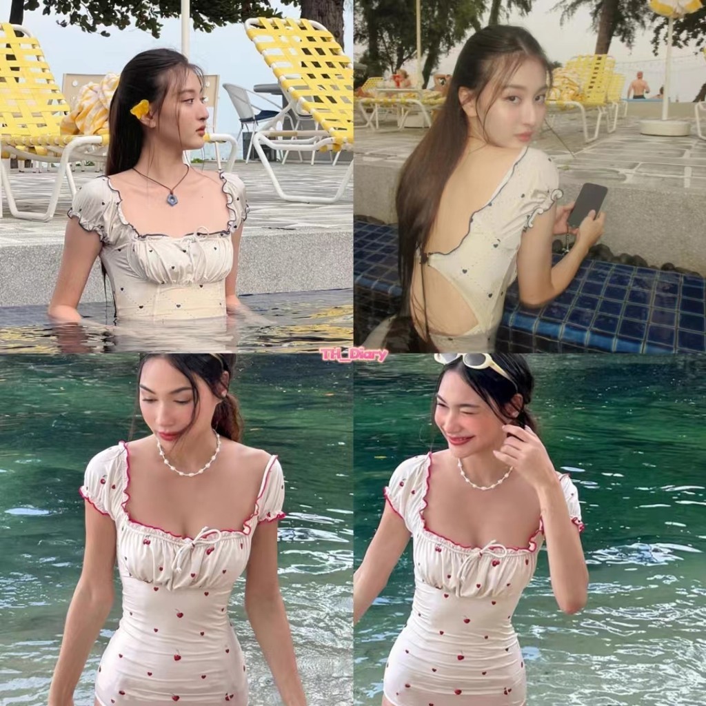 （พร้อมส่งในกรุงเทพ） สไตล์ใหม่ล่าสุด สไตล์เกาหลี ลายเชอร์รี่น่ารัก ฤดูร้อน แขนพัฟของผู้หญิง ชุดว่ายน้ำบิกินี่（Z244）